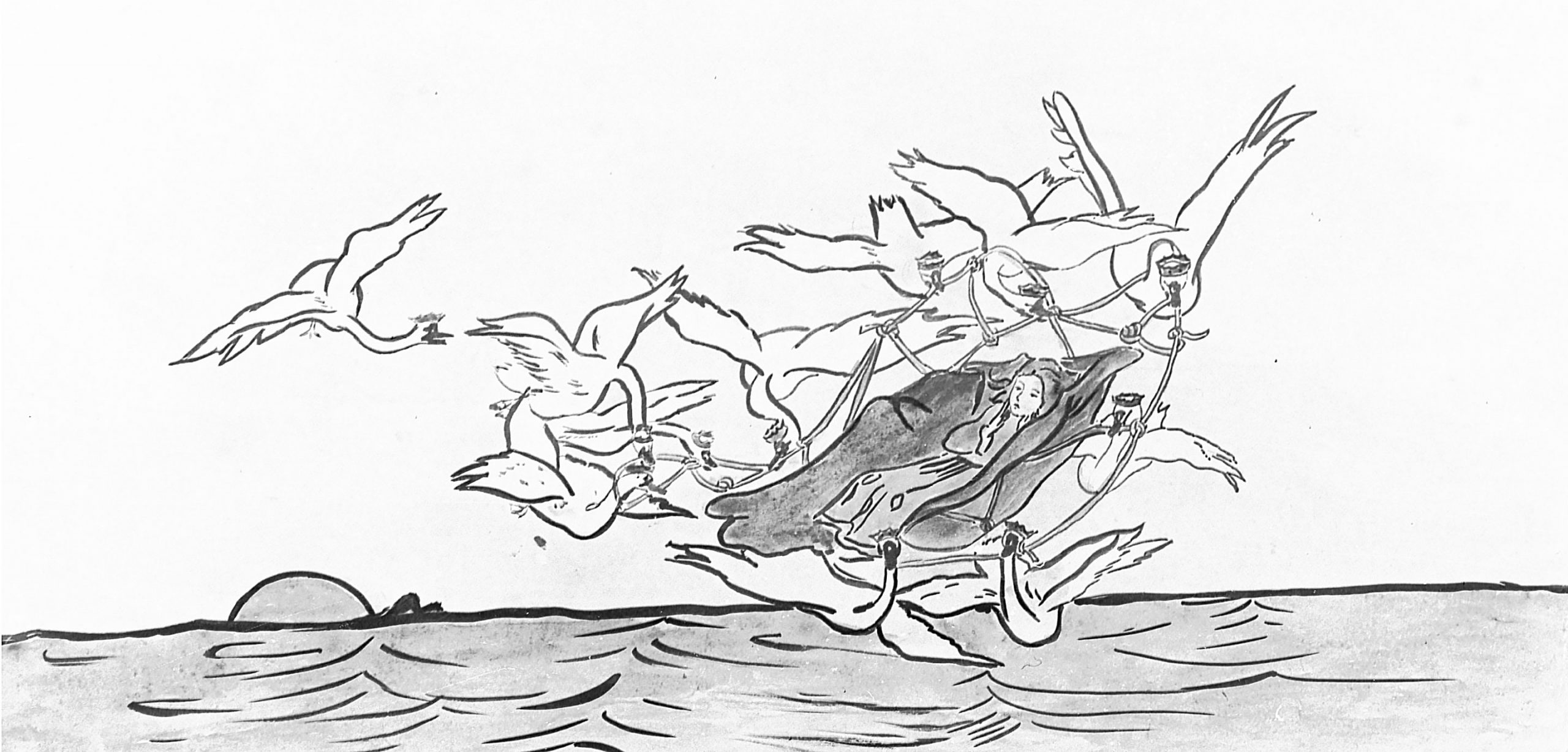 Image of a woman being carried through the air by swans.